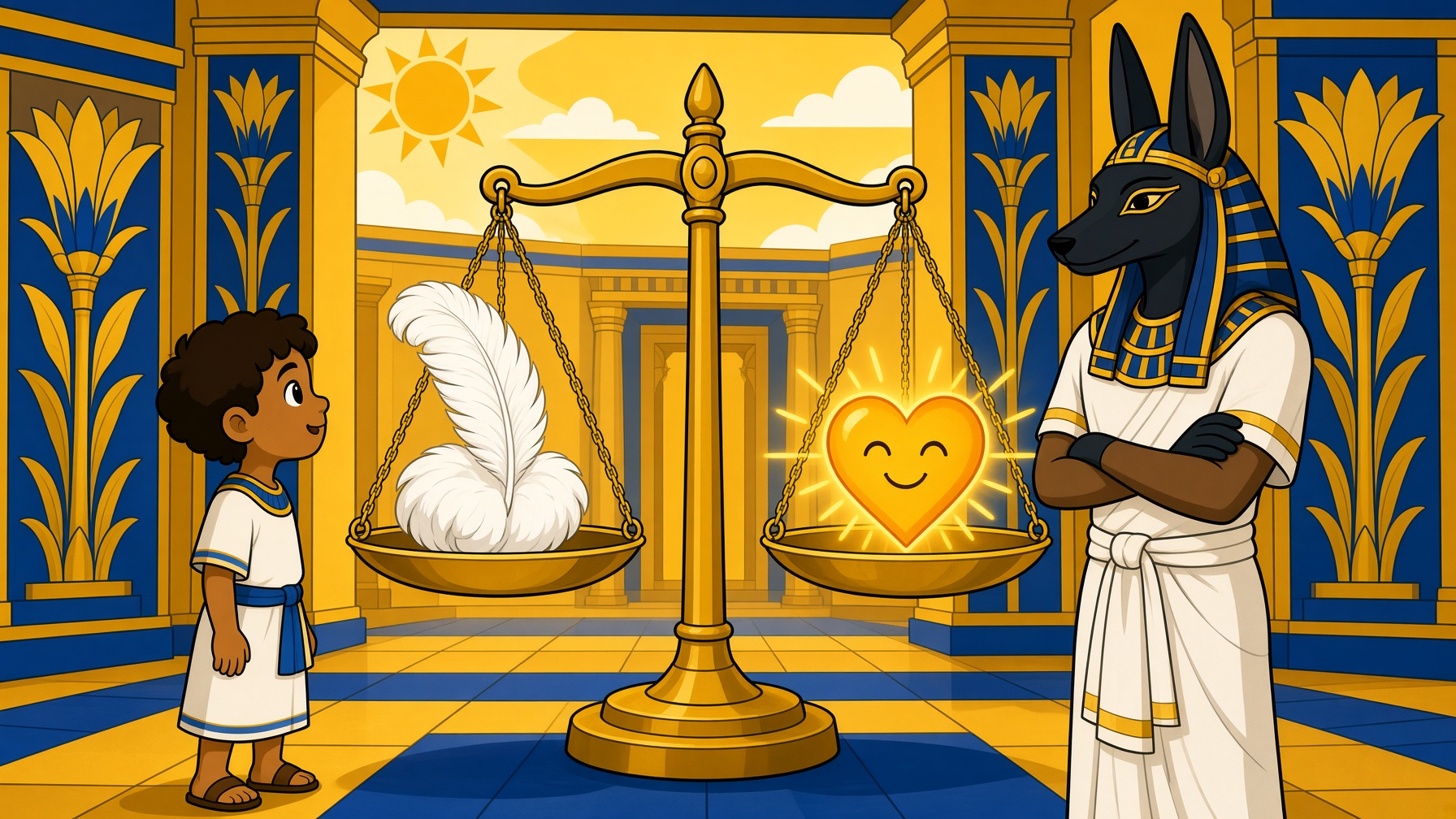 A kind jackal-headed figure stands by a scale with a heart and a feather