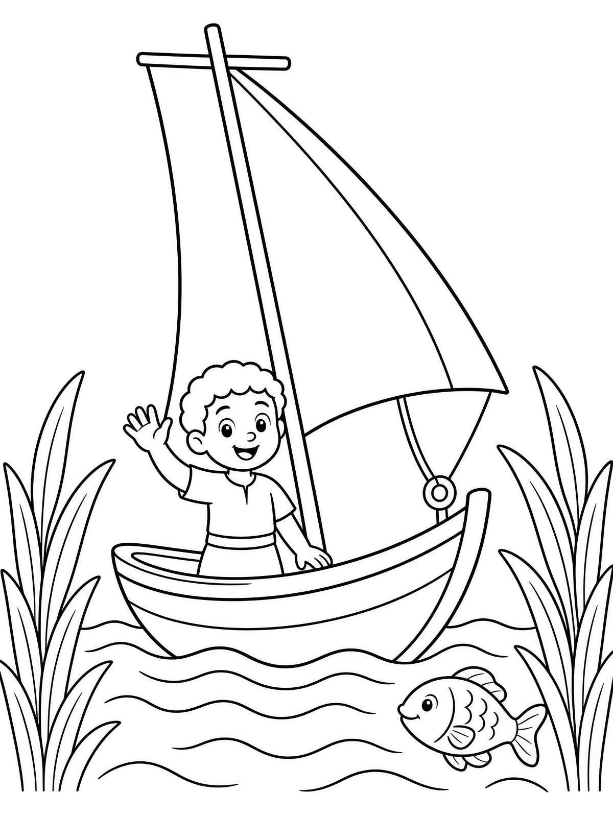 Colouring page of a Nile sailboat and a child