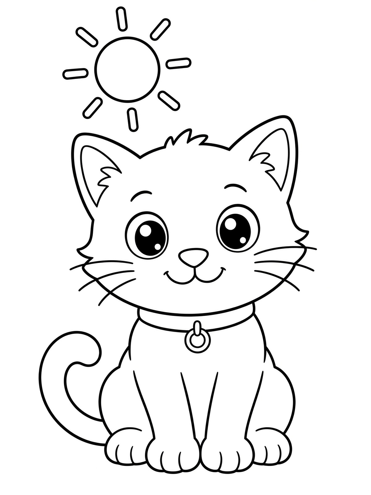 Colouring page of a seated cat with a collar