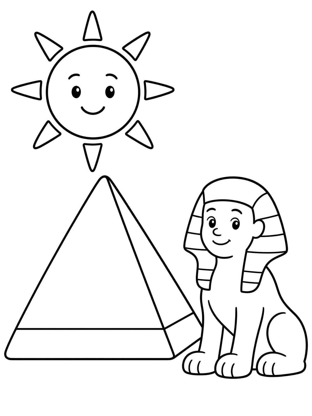 Colouring page of a pyramid, a sun, and a sphinx