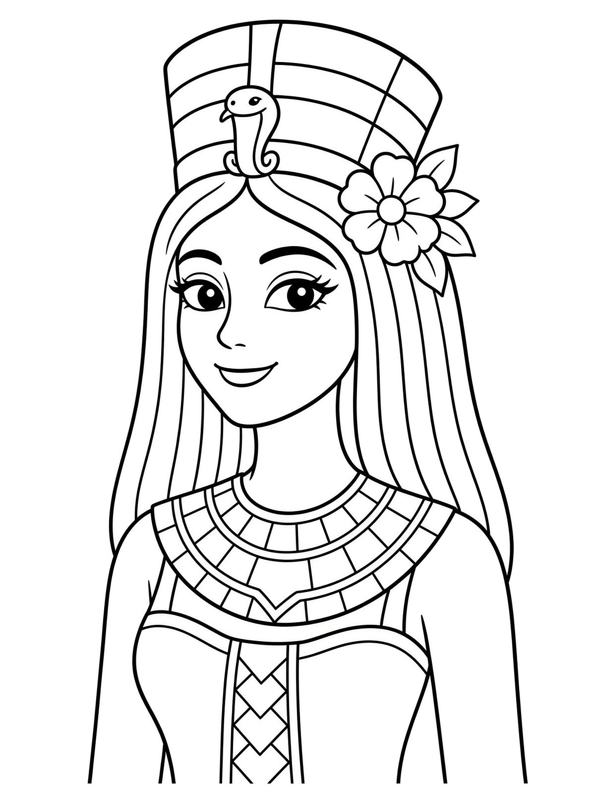 Colouring page of an Egyptian queen with a flower